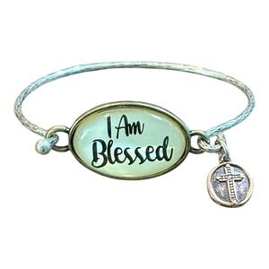 Inspirational "I Am‎ Blessed" Oval Charm Bangle Bracelet Religious Cross Pendant